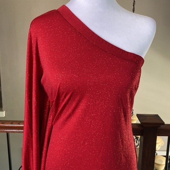 Venus Red One-Shoulder One Sleeve Party Cocktail Shimmer Short Mini Dress size M - Picture 3 of 10